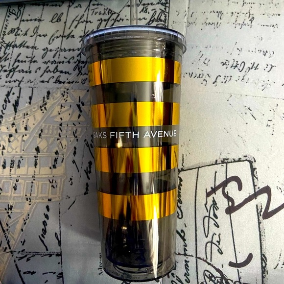 Saks 5TH Avenue Metallic Black and Gold Striped Tumbler with 2 Straws. - Picture 1 of 5